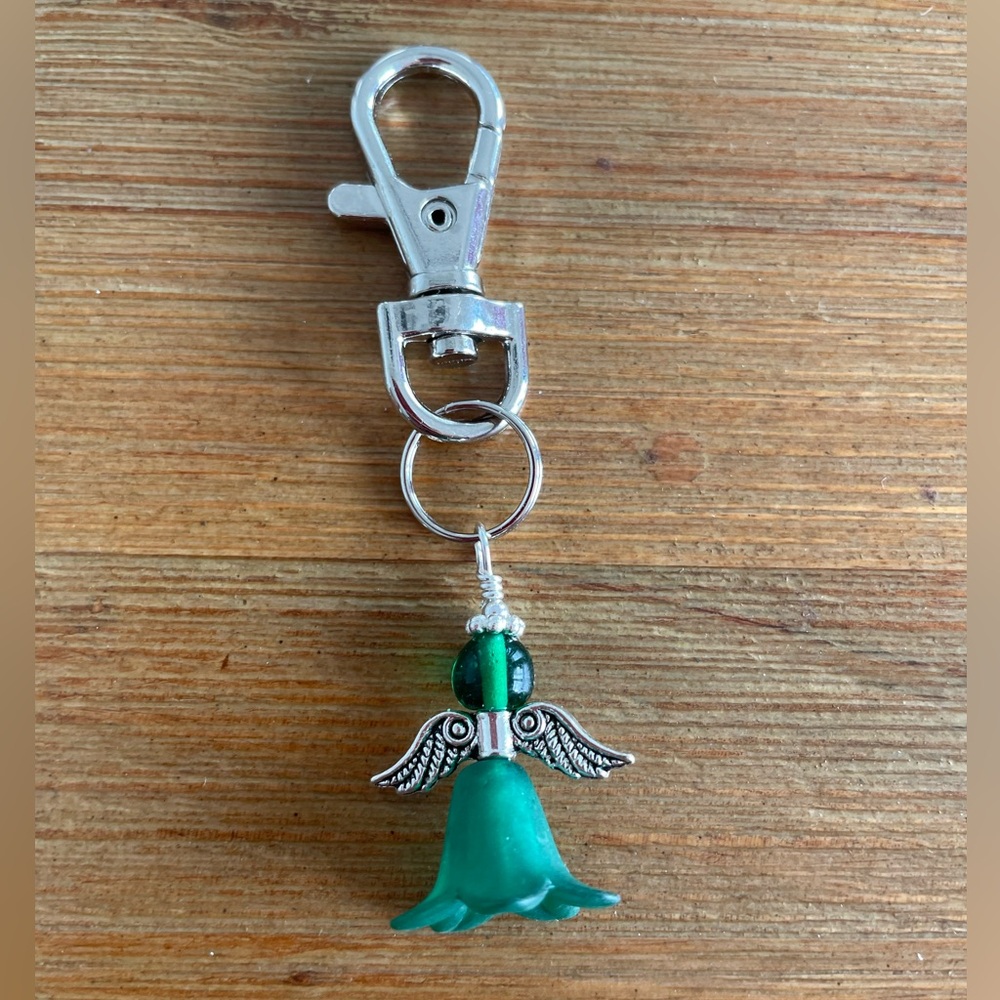 Handmade Dark Green Angel Hand Bag Charm Keychain Zipper Pull Snap Hook Clip